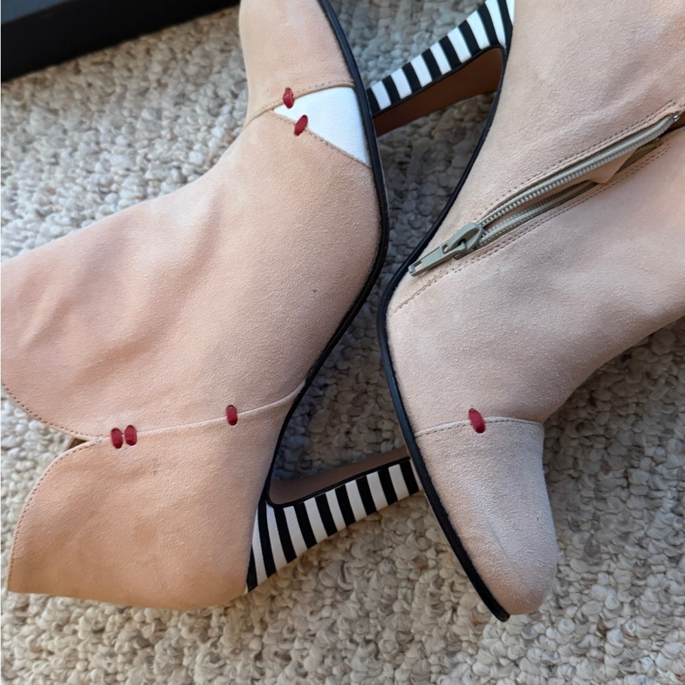 Chic Beige Ankle Boots with Striped Heels